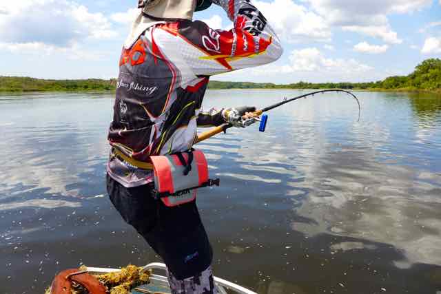 Overhead lever drag reel for Nile perch, Murchison Falls, Uganda, Africa